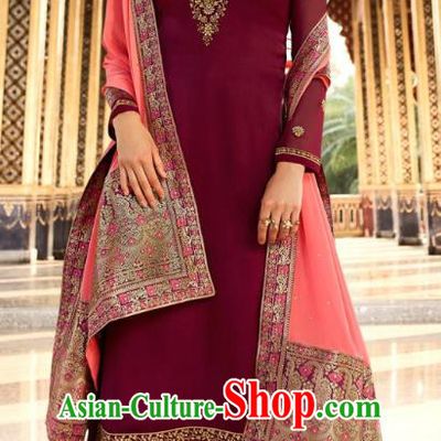 Asian India National Court Punjab Costumes Asia Indian Traditional Embroidered Magenta Satin Blouse Sari and Loose Pants for Women