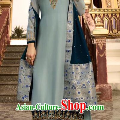 Asian India National Court Punjab Costumes Asia Indian Traditional Embroidered Gray Satin Blouse Sari and Loose Pants for Women