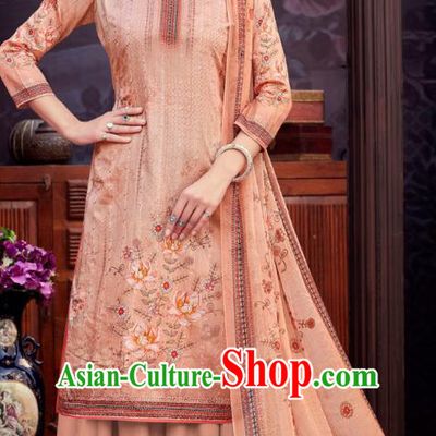 Asian India National Printing Punjab Costumes Asia Indian Traditional Dance Peach Pink Cotton Blouse and Loose Pants and Shawl Full Set