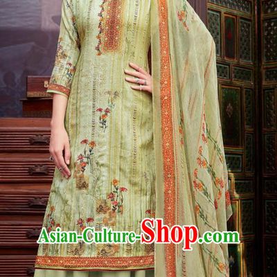 Asian India National Printing Punjab Costumes Asia Indian Traditional Dance Light Green Cotton Blouse and Loose Pants and Shawl Full Set