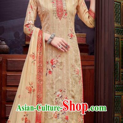 Asian India National Printing Punjab Costumes Asia Indian Traditional Dance Apricot Cotton Blouse and Loose Pants and Shawl Full Set