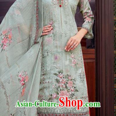Asian India National Printing Punjab Costumes Asia Indian Traditional Dance Light Blue Cotton Blouse and Loose Pants and Shawl Full Set
