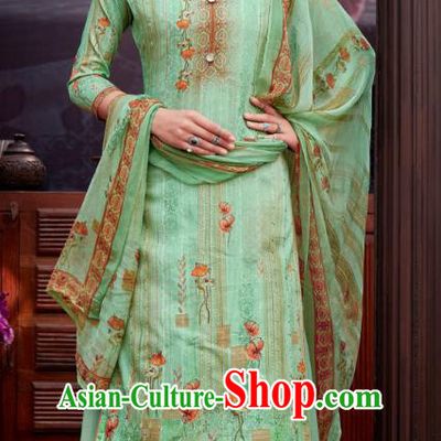 Asian India National Printing Punjab Costumes Asia Indian Traditional Dance Green Cotton Blouse and Loose Pants and Shawl Full Set