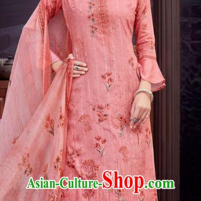 Asian India National Printing Punjab Costumes Asia Indian Traditional Dance Pink Cotton Blouse and Loose Pants and Shawl Full Set