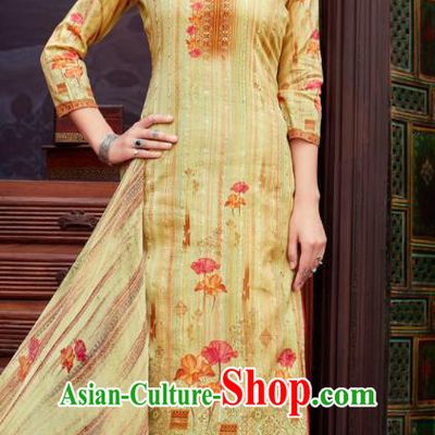 Asian India National Printing Punjab Costumes Asia Indian Traditional Dance Yellow Cotton Blouse and Loose Pants and Shawl Full Set