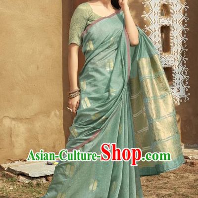 Asian India National Dance Green Linen Saree Costumes Asia Indian Princess Traditional Bollywood Blouse and Sari Dress for Women