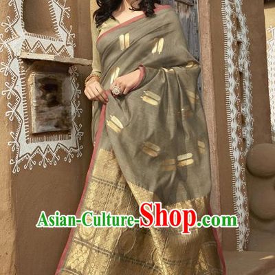 Asian India National Dance Grey Linen Saree Costumes Asia Indian Princess Traditional Bollywood Blouse and Sari Dress for Women