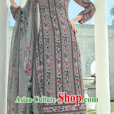 Asian India National Punjab Costumes Asia Indian Traditional Dance Embroidered Grey Muslin Blouse and Loose Pants and Shawl Full Set