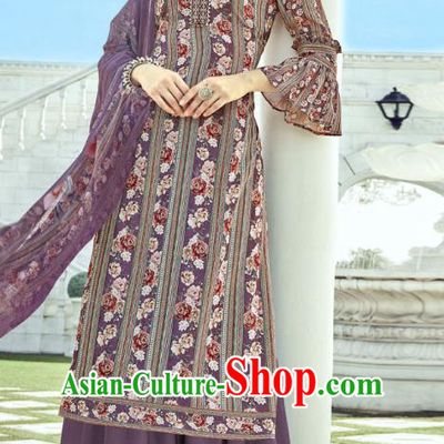 Asian India National Punjab Costumes Asia Indian Traditional Dance Embroidered Purple Muslin Blouse and Loose Pants and Shawl Full Set