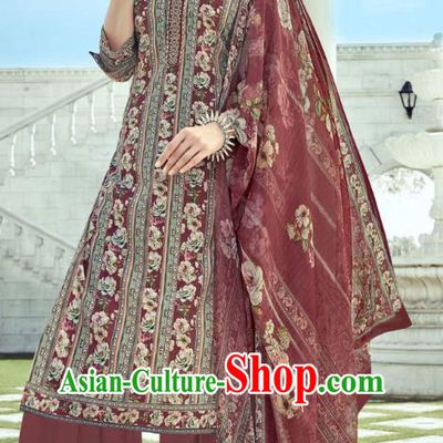Asian India National Punjab Costumes Asia Indian Traditional Dance Embroidered Maroon Muslin Blouse and Loose Pants and Shawl Full Set