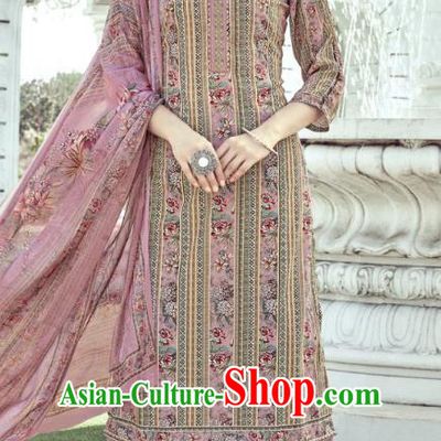 Asian India National Punjab Costumes Asia Indian Traditional Dance Embroidered Lilac Muslin Blouse and Loose Pants and Shawl Full Set