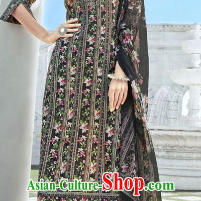 Asian India National Punjab Costumes Asia Indian Traditional Dance Embroidered Black Muslin Blouse and Loose Pants and Shawl Full Set