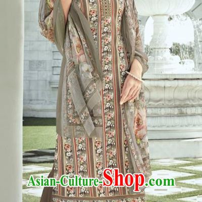 Asian India National Punjab Costumes Asia Indian Traditional Dance Embroidered Brown Muslin Blouse and Loose Pants and Shawl Full Set