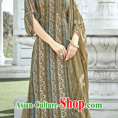 Asian India National Punjab Costumes Asia Indian Traditional Dance Embroidered Khaki Muslin Blouse and Loose Pants and Shawl Full Set