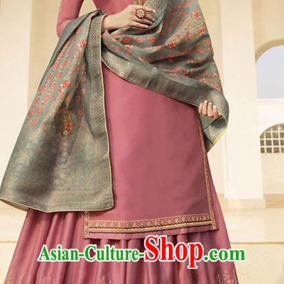 Asian India Court Punjab Costumes Asia Indian Traditional National Dance Embroidered Pink Satin Blouse and Skirt and Shawl Full Set
