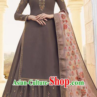 Asian India Court Punjab Costumes Asia Indian Traditional National Dance Embroidered Brown Satin Blouse and Skirt and Shawl Full Set