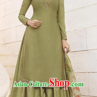 Asian India Court Punjab Costumes Asia Indian Traditional National Dance Embroidered Olive Green Satin Blouse and Skirt and Shawl Full Set