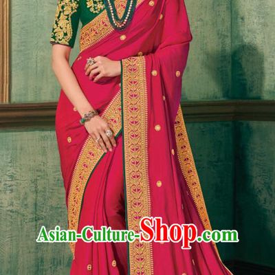 Asian India National Dance Magenta Silk Saree Asia Indian Traditional Costumes Court Princess Bollywood Blouse and Sari Dress for Women