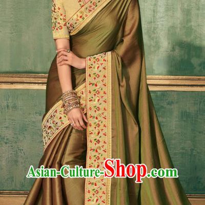 Asian India National Dance Khaki Silk Saree Asia Indian Traditional Costumes Court Princess Bollywood Blouse and Sari Dress for Women
