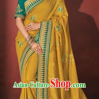 Asian India National Dance Yellow Silk Saree Asia Indian Traditional Costumes Court Princess Bollywood Blouse and Sari Dress for Women