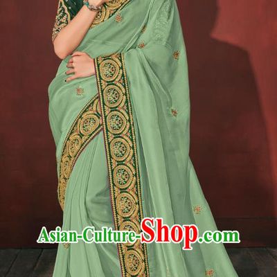 Asian India National Dance Light Green Silk Saree Asia Indian Traditional Costumes Court Princess Bollywood Blouse and Sari Dress for Women