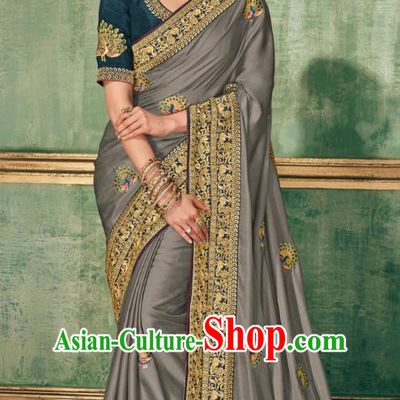 Asian India National Dance Gray Silk Saree Asia Indian Traditional Costumes Court Princess Bollywood Blouse and Sari Dress for Women