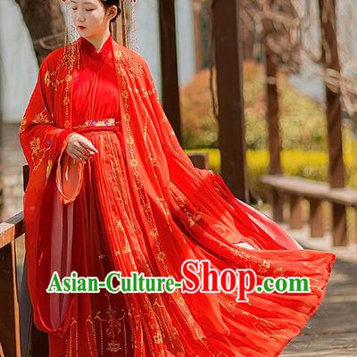 Traditional Chinese Jin Dynasty Wedding Historical Costumes Ancient Noble Princess Red Hanfu Dress Apparel Cloak and Blouse Skirt for Women