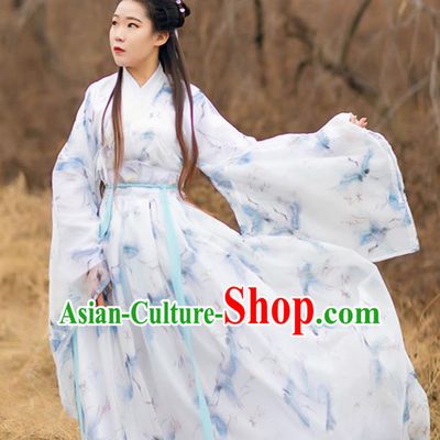 Traditional Chinese Jin Dynasty Young Lady Historical Costumes Ancient Princess Printing Cranes White Chiffon Hanfu Dress Apparel for Women