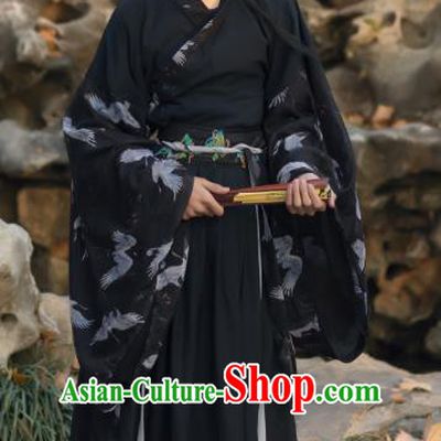 Traditional Chinese Jin Dynasty Scholar Historical Costumes Ancient Noble Childe Swordsman Black Hanfu Apparel for Men