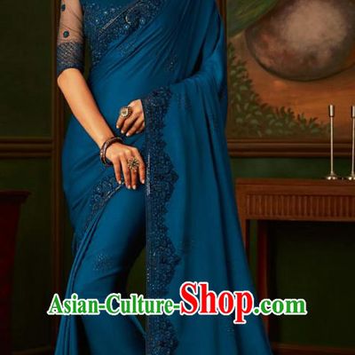 Asian India Bollywood Embroidered Deep Blue Crepe Saree Asia Indian National Festival Dance Costumes Traditional Court Woman Blouse and Sari Dress Full Set