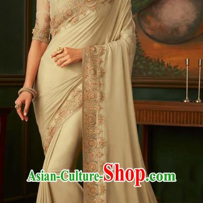 Asian India Bollywood Embroidered Apricot Crepe Saree Asia Indian National Festival Dance Costumes Traditional Court Woman Blouse and Sari Dress Full Set