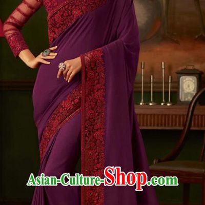 Asian India Bollywood Embroidered Purple Crepe Saree Asia Indian National Festival Dance Costumes Traditional Court Woman Blouse and Sari Dress Full Set
