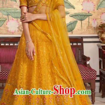 Asian India Wedding Yellow Silk Lehenga Costumes Asia Indian Traditional Festival Bride Embroidered Blouse and Skirt and Sari Complete Set