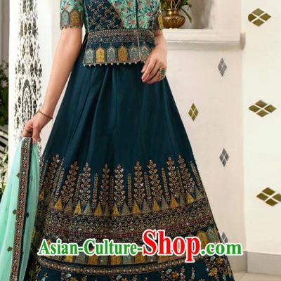 Asian India Wedding Teal Silk Lehenga Costumes Asia Indian Traditional Festival Bride Embroidered Blouse and Skirt and Sari Complete Set