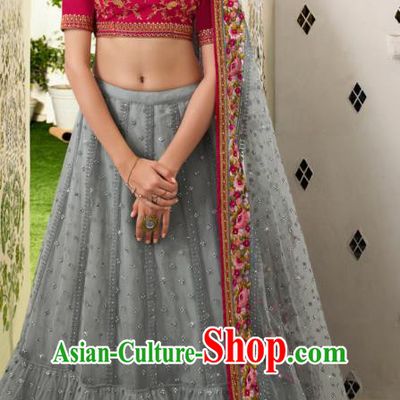 Asian India Wedding Silk Lehenga Costumes Asia Indian Traditional Festival Bride Embroidered Rosy Blouse and Gray Skirt and Sari Complete Set