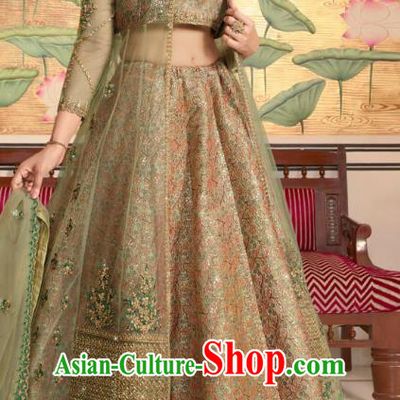Asian India Wedding Light Green Silk Lehenga Costumes Asia Indian Traditional Festival Bride Embroidered Blouse and Skirt and Sari Complete Set