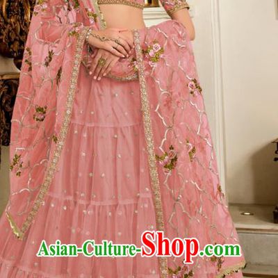 Asian India Wedding Pink Silk Lehenga Costumes Asia Indian Traditional Festival Bride Embroidered Blouse and Skirt and Sari Complete Set