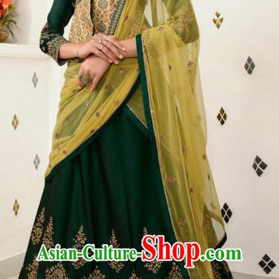 Asian India Wedding Deep Green Silk Lehenga Costumes Asia Indian Traditional Festival Bride Embroidered Blouse and Skirt and Sari Complete Set