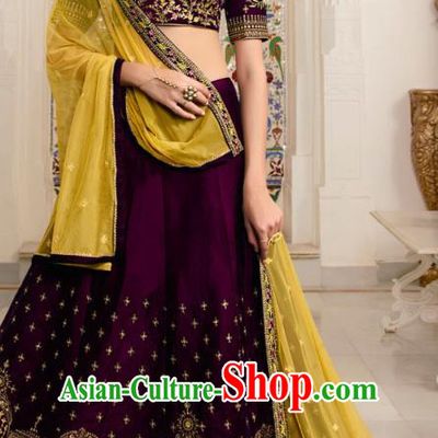 Asian India Wedding Deep Purple Silk Lehenga Costumes Asia Indian Traditional Festival Bride Embroidered Blouse and Skirt and Sari Complete Set