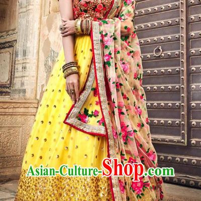 Top Asian India Wedding Lehenga Costumes Asia Indian Traditional Bride Embroidered Red Blouse and Yellow Skirt and Sari Full Set