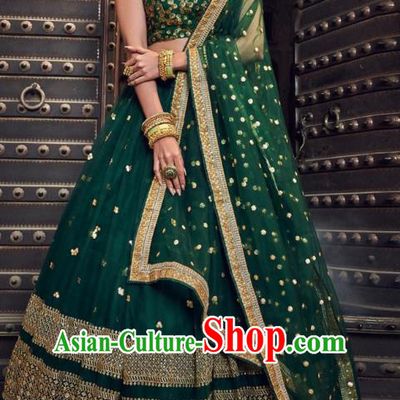Top Asian India Wedding Lehenga Costumes Asia Indian Traditional Bride Embroidered Deep Green Blouse and Skirt and Sari Full Set