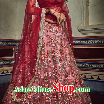 Top Asian India Wedding Lehenga Costumes Asia Indian Traditional Bride Embroidered Carmine Blouse and Skirt and Sari Full Set