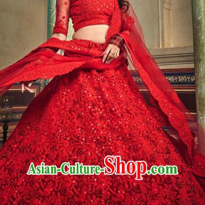 Top Asian India Wedding Lehenga Costumes Asia Indian Traditional Bride Embroidered Red Blouse and Skirt and Sari Full Set