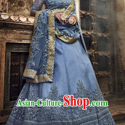 Top Asian India Wedding Lehenga Costumes Asia Indian Traditional Bride Embroidered Light Blue Blouse and Skirt and Sari Full Set