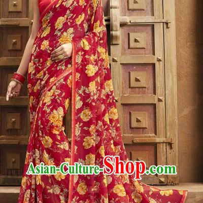 Asian India National Printing Red Georgette Saree Asia Indian Festival Dance Costumes Traditional Female Blouse and Sari Dress Full Set