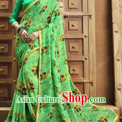 Asian India National Printing Green Georgette Saree Asia Indian Festival Dance Costumes Traditional Female Blouse and Sari Dress Full Set