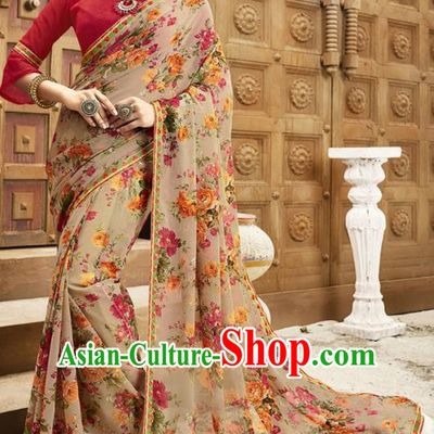 Asian India National Printing Light Brown Georgette Saree Asia Indian Festival Dance Costumes Traditional Female Blouse and Sari Dress Full Set