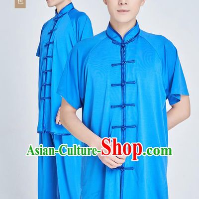 Top Grade Kung Fu Costume Martial Arts Training Lake Blue Milk Fiber Uniform Shaolin Gongfu Tai Ji Clothing for Men