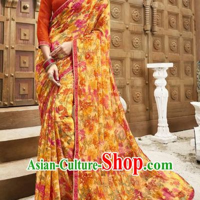 Asian India National Printing Yellow Georgette Saree Asia Indian Festival Dance Costumes Traditional Female Blouse and Sari Dress Full Set
