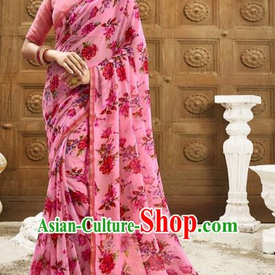 Asian India National Printing Pink Georgette Saree Asia Indian Festival Dance Costumes Traditional Female Blouse and Sari Dress Full Set